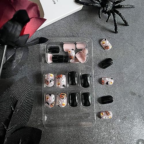 Halloween Short Press on Nails Pumpkin Bat Fake Nails Black Oval Stick on Nails Glossy Nail Design Kit Acrylic Nails Full Cover Reusable Glue on Nails 24Pcs for Women - Image 6