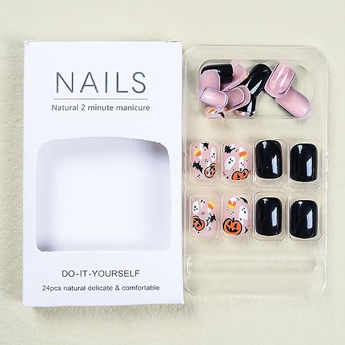 Halloween Short Press on Nails Pumpkin Bat Fake Nails Black Oval Stick on Nails Glossy Nail Design Kit Acrylic Nails Full Cover Reusable Glue on Nails 24Pcs for Women - Image 3