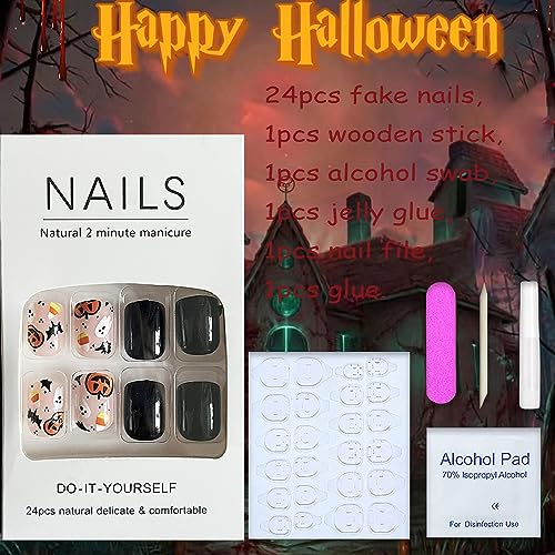 Halloween Short Press on Nails Pumpkin Bat Fake Nails Black Oval Stick on Nails Glossy Nail Design Kit Acrylic Nails Full Cover Reusable Glue on Nails 24Pcs for Women - Image 2
