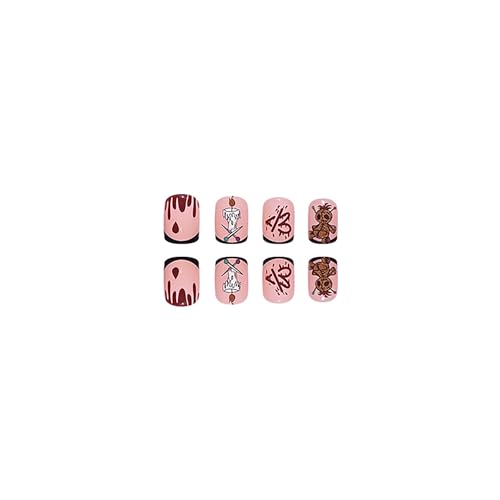 Halloween Short Square Press on Nails SWEKKE French Tip Fake Nails Blood Full Cover Toy Bear Heart False Nails with Designs Glossy Glue on Nails Artificial Acrylic Nails for Women Girls 24 Pcs - Image 4