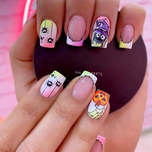 Medium Square Halloween Press on Nails Pink Green Gradient Pumpkin Design 24 Pcs