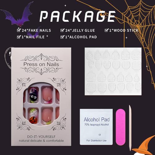 Medium Square Halloween Press on Nails Pink Green Gradient Pumpkin Design 24 Pcs - Image 5