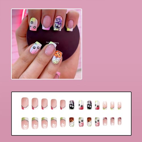 Medium Square Halloween Press on Nails Pink Green Gradient Pumpkin Design 24 Pcs - Image 3
