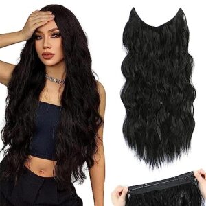 Halo Hair Extensions Black 20 Inch Invisible Wire Secret Hairpieces with Adjustable Size Transparent Headband 4 Secure Clips Long Curly Wavy Hair Extensions for Women Daily Party Use (20 Inch, Black)