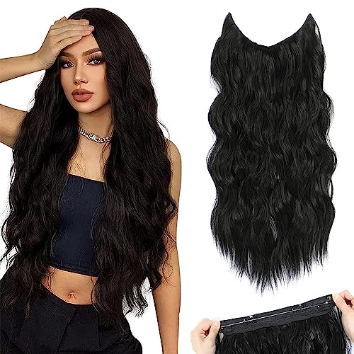 Halo Hair Extensions Black 20 Inch Invisible Wire Secret Hairpieces with Adjustable Size Transparent Headband 4 Secure Clips Long Curly Wavy Hair Extensions for Women Daily Party Use (20 Inch, Black)