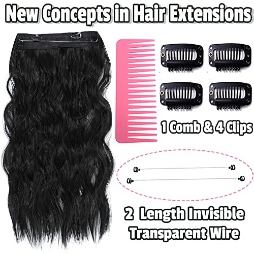 Halo Hair Extensions Black 20 Inch Invisible Wire Secret Hairpieces with Adjustable Size Transparent Headband 4 Secure Clips Long Curly Wavy Hair Extensions for Women Daily Party Use (20 Inch, Black) - Image 2