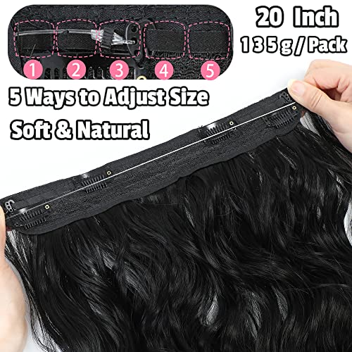 Halo Hair Extensions Black 20 Inch Invisible Wire Secret Hairpieces with Adjustable Size Transparent Headband 4 Secure Clips Long Curly Wavy Hair Extensions for Women Daily Party Use (20 Inch, Black) - Image 3