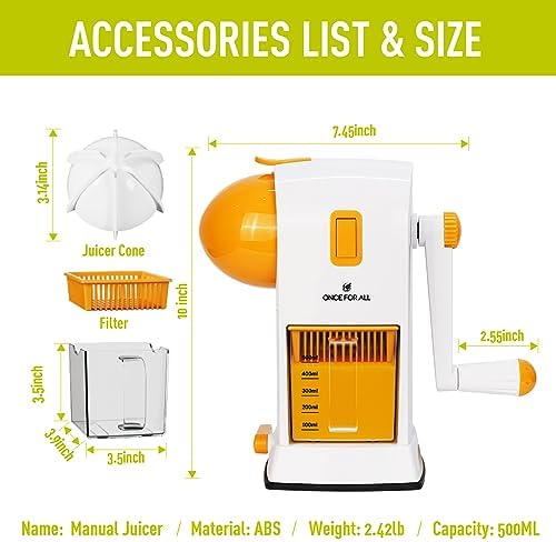 Hand Citrus Juicer, Manual Lemon Orange Juice Squeezer, Max 99% Extraction Rate, Cold Press juicer with Pulp-Filter, Dishwasher Safe Easy to Cleanup - Image 5