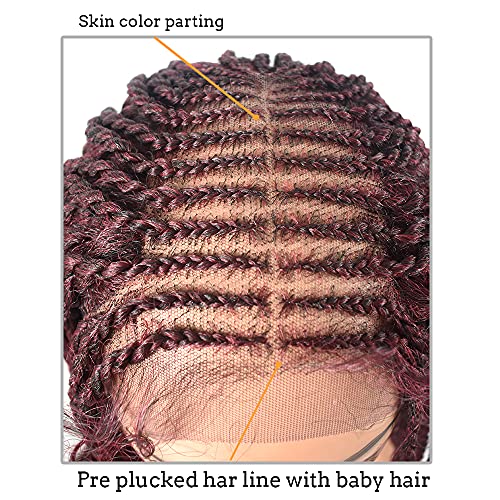 Hand Tied Swiss Lace Front Cornrow Braided Wigs with Baby Hair for Black Women Lightweight Box Braids Glueless Wigs Kanekalon Synthetic(5.5X3.5", 31 Inch, 1B/99JT Black Mix Wine Red) - Image 4