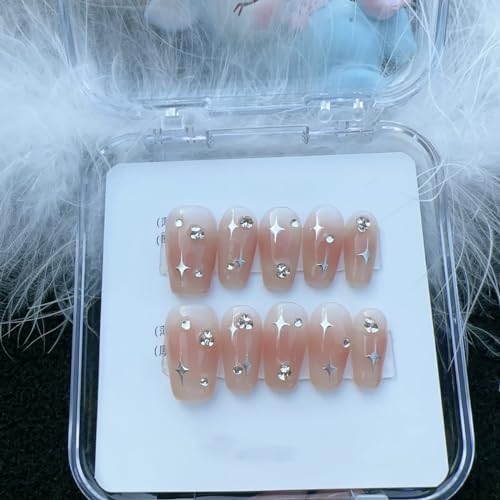 Handmade Press On Nails,Blush full of stars Fake Nails Kit,Reusable UV Gel Cured Sturdier Fake Nails 10pcs Nail Art Gifts for Women Girls,S