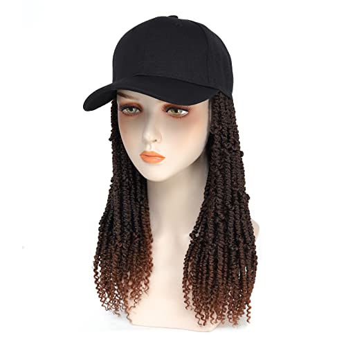 Hat Wig Short Baseball Cap Wig with Pre-Twisted Black Brown Passion Twist Hair Extensions Synthetic Small Curly Ends Wig Hat Adjustable Black Baseball Hat Wig for Black Women (14inch, T30) - Image 2