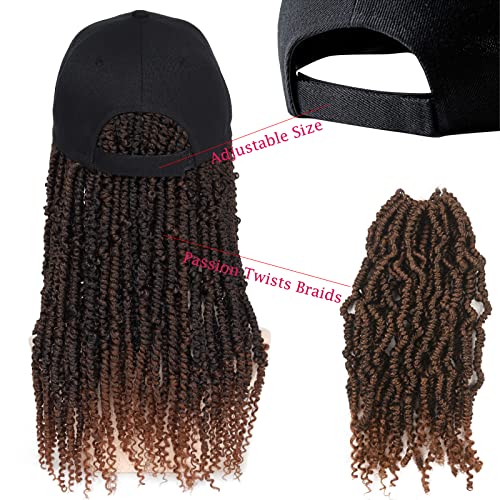 Hat Wig Short Baseball Cap Wig with Pre-Twisted Black Brown Passion Twist Hair Extensions Synthetic Small Curly Ends Wig Hat Adjustable Black Baseball Hat Wig for Black Women (14inch, T30) - Image 6