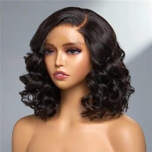 HD Invisible Lace Short Wavy Human Hair Wigs Pre Plucked 150% Density Full End Short Bob Loose Curly 13X6 Lace Front Wigs Human Hair with Baby Hair Bleached Knots Natural Black 14Inch