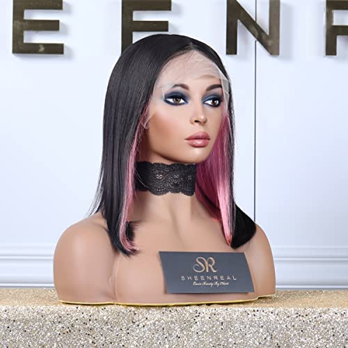 HD Lace Front Wig Ombre Highlight HD Transparent Lace Bob Wigs Human Hair 150% Density (Pink, 10 Inch) - Image 3
