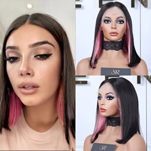 HD Lace Front Wig Ombre Highlight HD Transparent Lace Bob Wigs Human Hair 150% Density (Pink, 10 Inch)