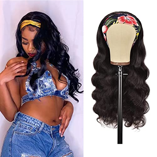 Headband Wig Human Hair Body Wave 26 Inch Non Lace Front Wig Human Hair Machine Made Wigs Glueless Brazilian Curly Wig Human Hair Headband Half Wigs for Black Women Natural Color