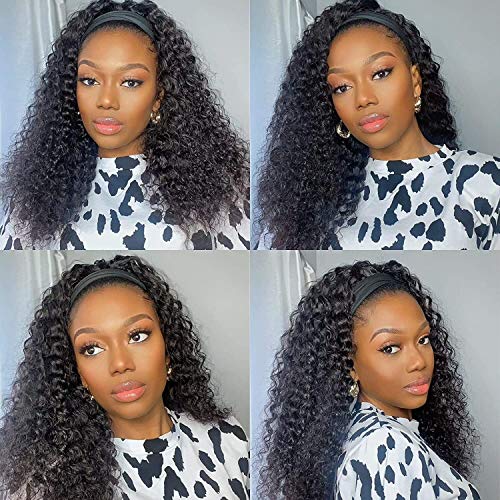Headband Wig Human Hair Deep Wave 20 Inch Glueless None Lace Front Wigs Machine Made Half Wigs for Black Women 150% Density Deep Curly Wave Headband Wigs Human Hair Natural Color…