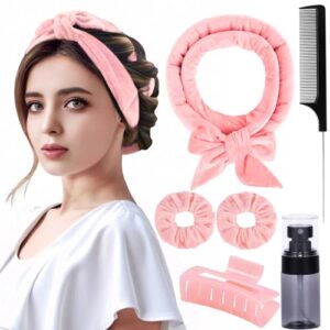 Heatless Curlers to Sleep in Heatless Curling Rod Headband For Long Hair Overnight No Heat Curls For Women velvet Hair Rollers, Bottle, Hair Clips, Scrunchie, Rat-tail Comb, 6 Pieces Set (pink)