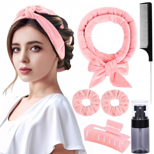 Heatless Curlers to Sleep in Heatless Curling Rod Headband For Long Hair Overnight No Heat Curls For Women velvet Hair Rollers, Bottle, Hair Clips, Scrunchie, Rat-tail Comb, 6 Pieces Set (pink)