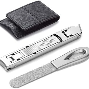 **Heavy Duty Nail Clippers for Thick Nails, Integrated Safety Lock and File, Slim Silver Design**