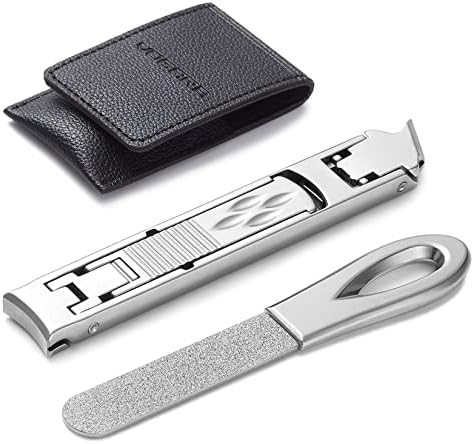 **Heavy Duty Nail Clippers for Thick Nails, Integrated Safety Lock and File, Slim Silver Design**