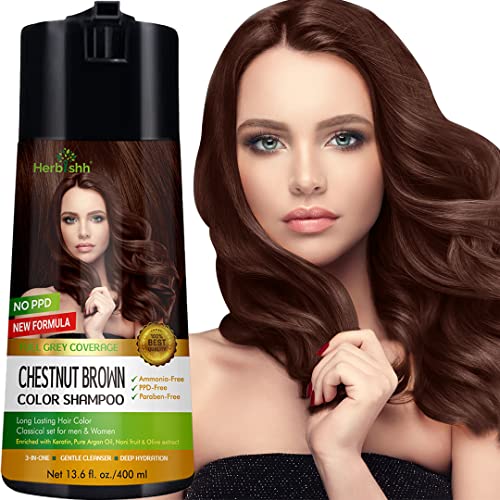 Herbishh Hair Color Shampoo for Gray Hair – Enriched Color Shampoo Hair Dye Formula – Hair Dye Shampoo and Conditioner – Long Lasting & DIY (CHESTNUT BROWN)
