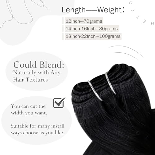 Hetto Black Weft Hair Extensions Human Hair Weft Extensions Remy Human Hair 14 Inch 80g #1 Jet Black Sew in Human Hair Weft Extension - Image 4