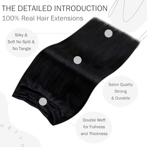 Hetto Black Weft Hair Extensions Human Hair Weft Extensions Remy Human Hair 14 Inch 80g #1 Jet Black Sew in Human Hair Weft Extension - Image 3