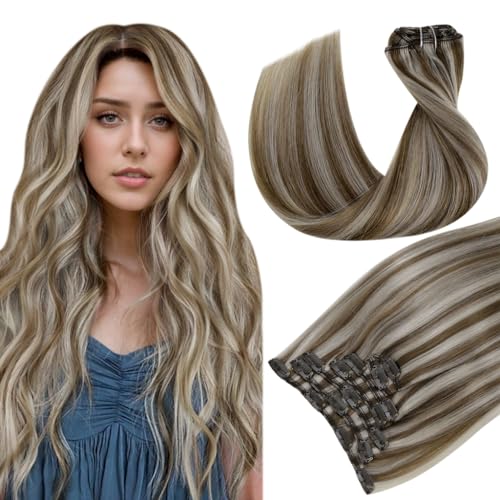 Hetto Clip in Hair Extensions Real Human Hair Light Brown Highlighted Blonde Clip in Hair Extensions Natural Human Hair Extensions Clip ins Full Head Remy Hair 7pcs 14 Inch 120g