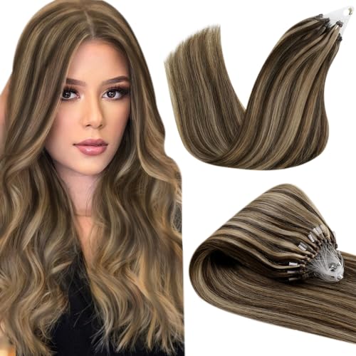 Hetto Micro Ring Human Hair Extensions Highlight #4 Dark Brown Mixed #27 Strawberry Blonde Micro Loop Hair Extensions Human Hair 18 Inch Remy Hair Extensions Micro Link Human Hair 50g 50 Strands