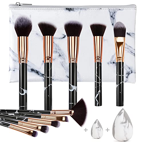 HEYMKGO Professional 12-Piece Marble Makeup Brush Set with Sponges and Bag