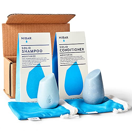 HiBAR Shampoo and Conditioner Bar Set Travel Size Toiletries Color Safe Eco Friendly Solid Bar Zero Waste Sustainable All Natural Vegan Hair Care (Moisturize (with Travel Pouches))