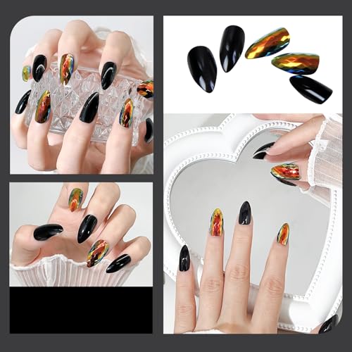 Medium Black High Shine Chrome Press On Nails Oval Almond Acrylic Nail Art Kit - Image 7