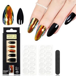 Medium Black High Shine Chrome Press On Nails Oval Almond Acrylic Nail Art Kit