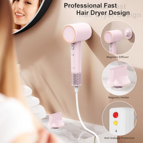 High Speed Hair Dryer, 1300W Fast Drying Lightweight Travel Hair Dryer with 4 Temps & 2 Speeds Thermal-Control, Ionic Technology Magnetic Diffuser Hair Blow Dryer for Women/Men, Pink-White - Image 6