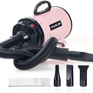 Pink High Velocity Dog Dryer with Heater, Adjustable Speed, 3 Nozzles and Comb