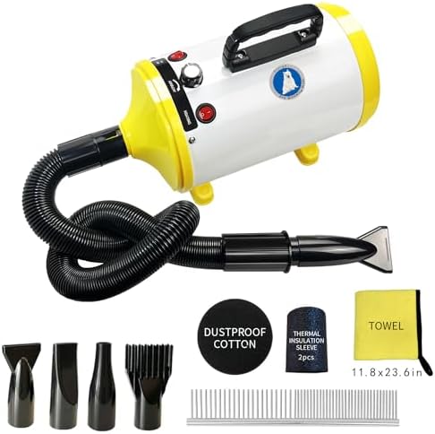 High Velocity Professional Dog Pet Grooming Dryer, Pet Grooming Hair Dryer - Dog Hair Dryer with Adjustable Temperature and Speed,with Pet Steel Comb, Pet Towel,Nozzles. (White yellow)