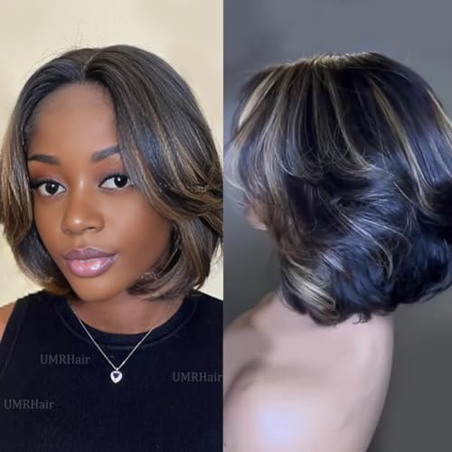 Highlight Black Blonde Short Cut Layered Bob Human Hair 13X6 Deep Part Lace Front Wig for Women Glueless Human Hair Face Frame Short Bob Wigs with Baby Hair 1b/27 8inch 130Density