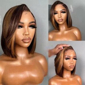 Highlight Bob Wig 13x6 HD Transparent Lace Human Hair Wig Ombre #4/27 Honey Blonde Colored Straight Short Bob Human Hair Wig Side Part Invisible Lace Wig 150% Density Brazilian Virgin Hair 8inch