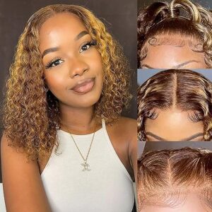 Highlight Bob Wig Human Hair 13x4 Frontal Lace Wigs Short Curly Wigs for Black Women 4/27 Ombre Honey Blonde Deep Curly Wigs Glueless Wigs Human Hair Pre Plucked Highlight Bob Wig 12 Inch
