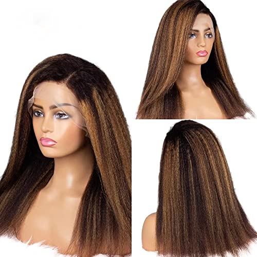 Highlight Colored Kinky Straight Human Hair Wig #4/27 Yaki Invisible Lace Front Wig Black Roots Brazilian Human Hair Glueless Wigs 13x4 HD Transparent Lace Front Wig 150% Density Remy Hair 16inch