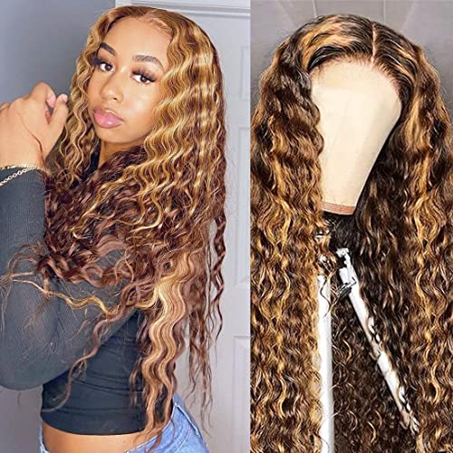 Highlight Deep Wave Closure Wigs Human Hair for Black Women 4/27 Ombre Hd 4x4 Curly Honey Blonde Lace Front Wig Human Hair with Baby Hair 180 Density Pre Plucked 30inch