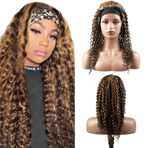 Highlight Honey Blonde Headband Wig Human Hair Full Head Machine Made Half Wigs 150% Density Glueless None Lace Front Curly Wave Wig 20 Inch P1B/27 Blonde Headband Wig Human Hair Grade 8A