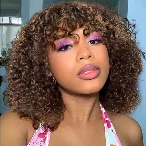 Highlight Honey Blonde Short Curly Bob Brazilian Human Hair Wigs With Bangs Ombre 4T27 Color Short Pixie Cut Bob Curly Wave Deep Wave Wigs 13X4 HD Transparent Lace Human Hair Wigs For Women 150% D - Image 4