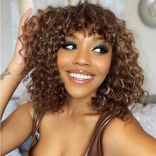 Highlight Honey Blonde Short Curly Bob Brazilian Human Hair Wigs With Bangs Ombre 4T27 Color Short Pixie Cut Bob Curly Wave Deep Wave Wigs 13X4 HD Transparent Lace Human Hair Wigs For Women 150% D - Image 2