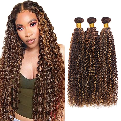 Highlight Human Hair Bundles Dark Brown Curly Human Hair Bundles 8 10 12 Inch Brazilian Virgin P4/30 Human Hair Bundles Two Tone Brown Mixed With Honey Blonde Bundle Human Hair Weave