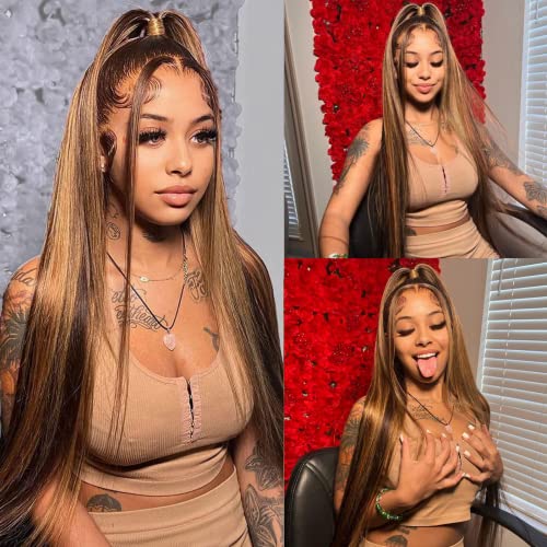 Highlight Lace Front Wig Human Hair 13x4 Honey Blonde HD Lace Front Wig Human Hair Pre Plucked 200% Density Straight Ombre Lace Front Wigs Human Hair Wigs for Women (22inch,4/27 13X4 Wig) - Image 3