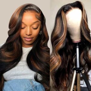 26 Inch Honey Blonde Highlight Lace Front Wig 180% Density Body Wave Ombre Human Hair