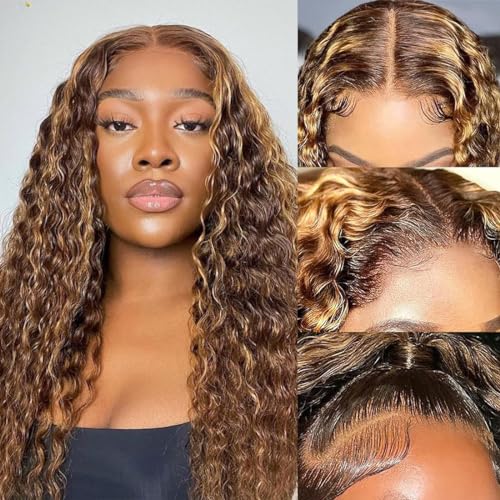 Highlight Lace Front Wig Human Hair HD Lace Frontal Wig 13x6 Honey Blonde Deep Wave Wig 4/27 Ombre Glueless Wigs Human Hair Pre Plucked 180% Density Transparent Lace Wig with Baby Hair 26 Inch