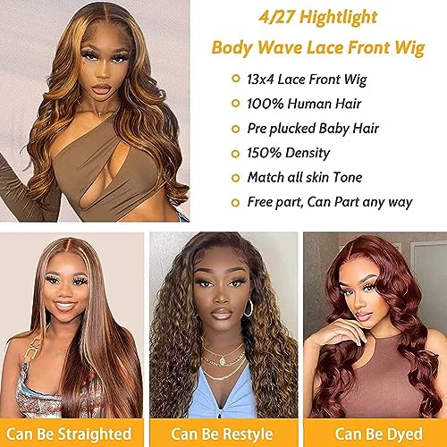 Highlight Lace Front Wigs Human Hair Wigs for Black Women Honey Blonde Ombre 13x4 Lace Front Wigs Human Hair Body Wave Frontal Wigs Pre Plucked with Baby Hair Glueless 180% Density P4/27 Color 22 Inch - Image 5